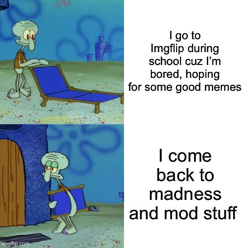 What? | I go to Imgflip during school cuz I’m bored, hoping for some good memes; I come back to madness and mod stuff | image tagged in squidward chair | made w/ Imgflip meme maker