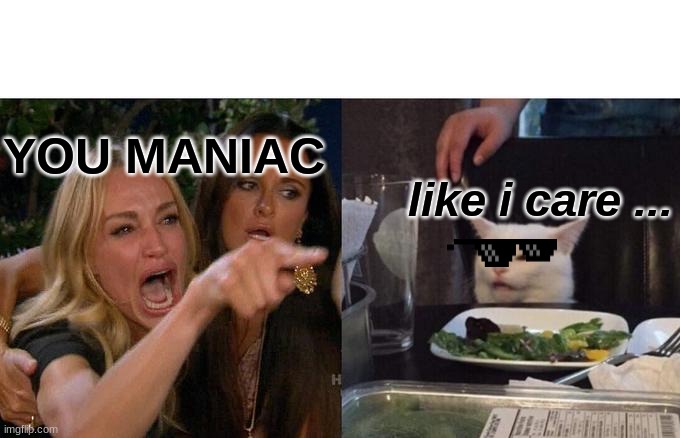 Woman Yelling At Cat | YOU MANIAC; like i care ... | image tagged in memes,woman yelling at cat | made w/ Imgflip meme maker