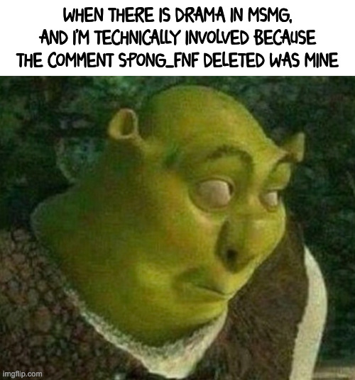 Oops | WHEN THERE IS DRAMA IN MSMG, AND I'M TECHNICALLY INVOLVED BECAUSE THE COMMENT SPONG_FNF DELETED WAS MINE | image tagged in shrek face | made w/ Imgflip meme maker