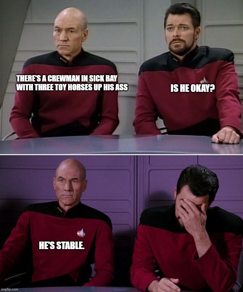 Picard Riker | THERE'S A CREWMAN IN SICK BAY 
WITH THREE TOY HORSES UP HIS ASS; IS HE OKAY? HE'S STABLE. | image tagged in stable,st-tng | made w/ Imgflip meme maker
