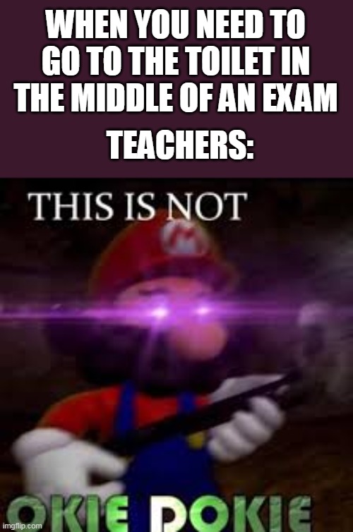 When you need the bathroom but its the middle of an exam | WHEN YOU NEED TO GO TO THE TOILET IN THE MIDDLE OF AN EXAM; TEACHERS: | image tagged in this is not okie dokie | made w/ Imgflip meme maker