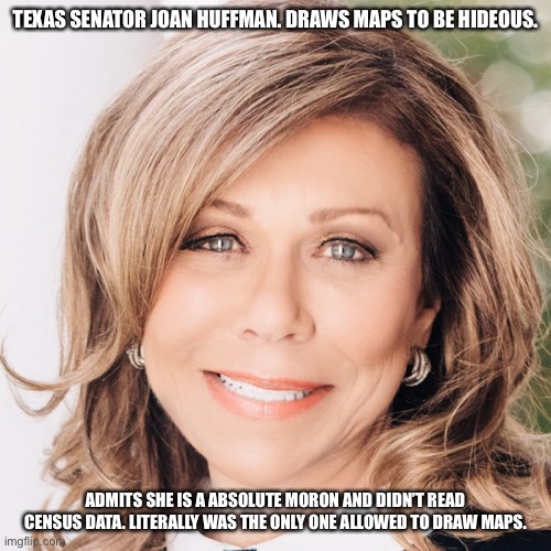 Republican who doesn’t read data to draw her map. | TEXAS SENATOR JOAN HUFFMAN. DRAWS MAPS TO BE HIDEOUS. ADMITS SHE IS A ABSOLUTE MORON AND DIDN’T READ CENSUS DATA. LITERALLY WAS THE ONLY ONE ALLOWED TO DRAW MAPS. | image tagged in texas girl,joan huffman,republicans,2022 | made w/ Imgflip meme maker