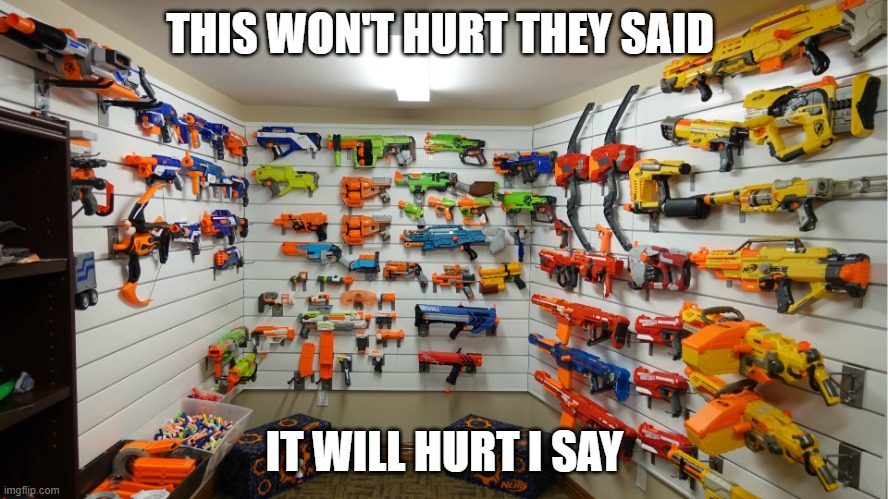 Nerf Arsenal |  THIS WON'T HURT THEY SAID; IT WILL HURT I SAY | image tagged in nerf arsenal | made w/ Imgflip meme maker