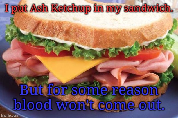 Sandwich | I put Ash Ketchup in my sandwich. But for some reason blood won't come out. | image tagged in sandwich | made w/ Imgflip meme maker