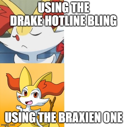First Braixen hotline bling | USING THE DRAKE HOTLINE BLING; USING THE BRAXIEN ONE | image tagged in drake hotline bling with braxien | made w/ Imgflip meme maker