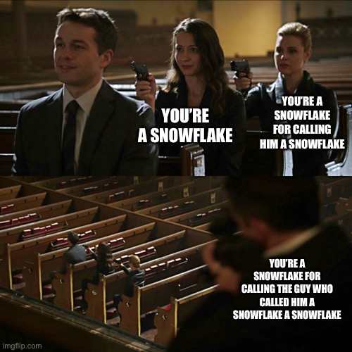Assassination chain | YOU’RE A SNOWFLAKE YOU’RE A SNOWFLAKE FOR CALLING HIM A SNOWFLAKE YOU’RE A SNOWFLAKE FOR CALLING THE GUY WHO CALLED HIM A SNOWFLAKE A SNOWFL | image tagged in assassination chain | made w/ Imgflip meme maker
