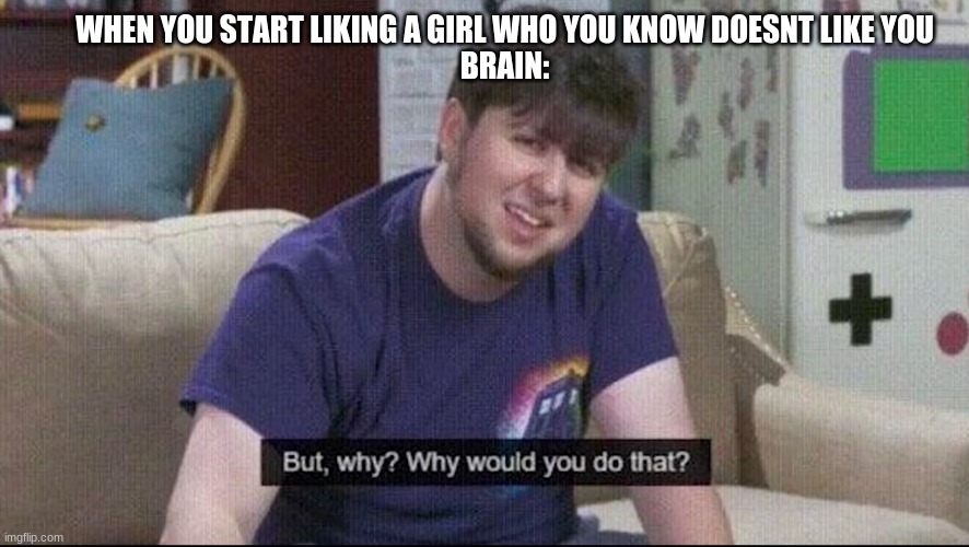 But why why would you do that? | WHEN YOU START LIKING A GIRL WHO YOU KNOW DOESNT LIKE YOU
BRAIN: | image tagged in but why why would you do that | made w/ Imgflip meme maker
