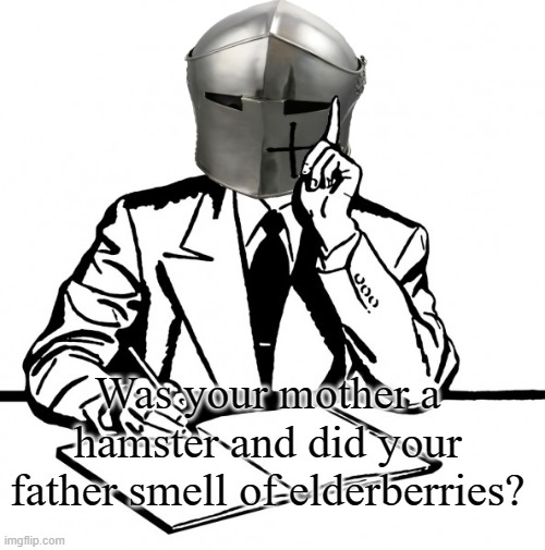 Writing Crusader | Was your mother a hamster and did your father smell of elderberries? | image tagged in writing crusader | made w/ Imgflip meme maker