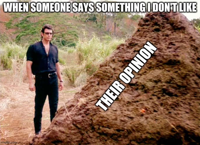 Memes, Poop, Jurassic Park | WHEN SOMEONE SAYS SOMETHING I DON'T LIKE; THEIR OPINION | image tagged in memes poop jurassic park | made w/ Imgflip meme maker