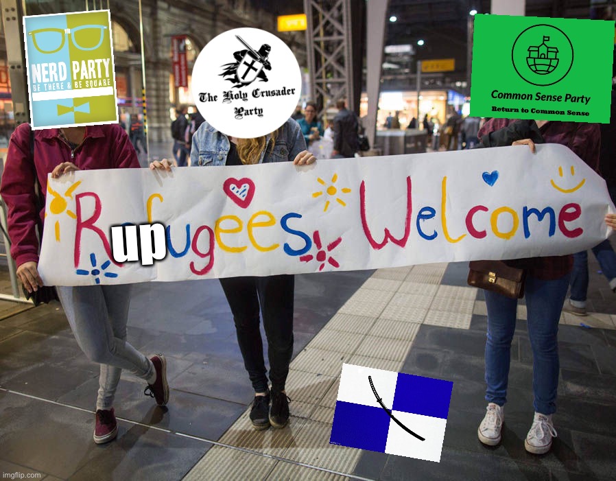 Are you a RUPugee? Find a new home today! (But not Steel Party, that’s why their flag is on the ground) | up | image tagged in rupugee,rup,hcp,nerd party,common sense party,steel party | made w/ Imgflip meme maker