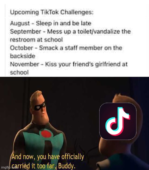 This has gone too far. | image tagged in tiktok sucks,tik tok,the incredibles,and now you have officially carried it too far buddy,memes,social media | made w/ Imgflip meme maker