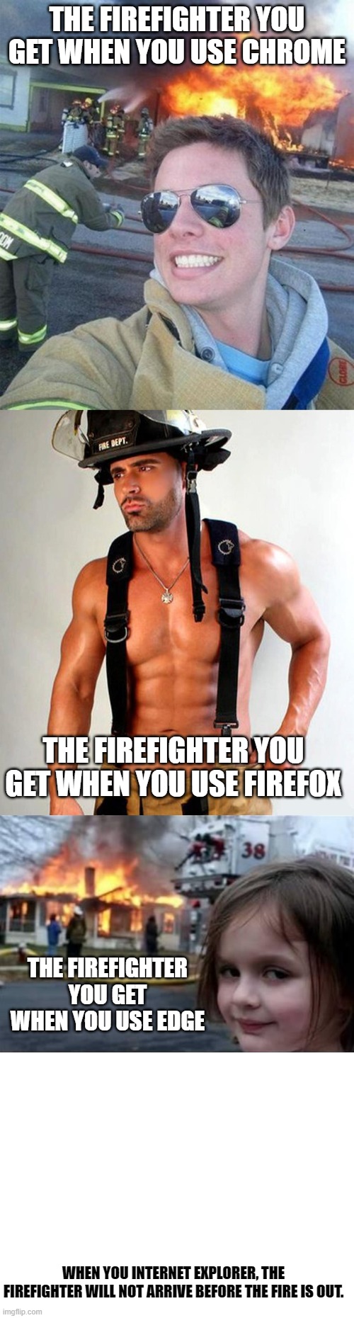 THE FIREFIGHTER YOU GET WHEN YOU USE CHROME; THE FIREFIGHTER YOU GET WHEN YOU USE FIREFOX; THE FIREFIGHTER YOU GET WHEN YOU USE EDGE; WHEN YOU INTERNET EXPLORER, THE FIREFIGHTER WILL NOT ARRIVE BEFORE THE FIRE IS OUT. | image tagged in douchebag firefighter,firefighter,firestarter,blank white template | made w/ Imgflip meme maker