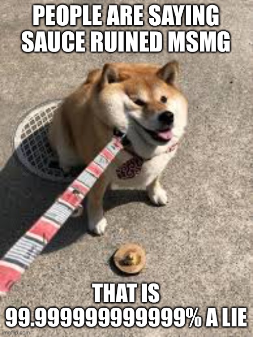 Squishy doggo leash | PEOPLE ARE SAYING SAUCE RUINED MSMG; THAT IS 99.999999999999% A LIE | image tagged in squishy doggo leash | made w/ Imgflip meme maker