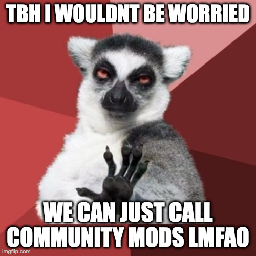 A | TBH I WOULDNT BE WORRIED; WE CAN JUST CALL COMMUNITY MODS LMFAO | image tagged in memes,chill out lemur | made w/ Imgflip meme maker