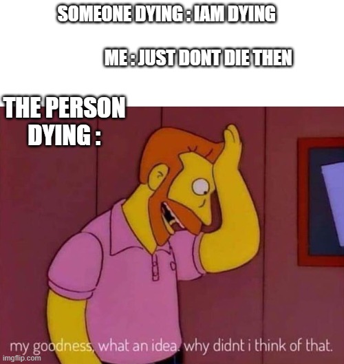 Just dont die bruh | SOMEONE DYING : IAM DYING                                                     ME : JUST DONT DIE THEN; THE PERSON DYING : | image tagged in my goodness what an idea why didn't i think of that | made w/ Imgflip meme maker
