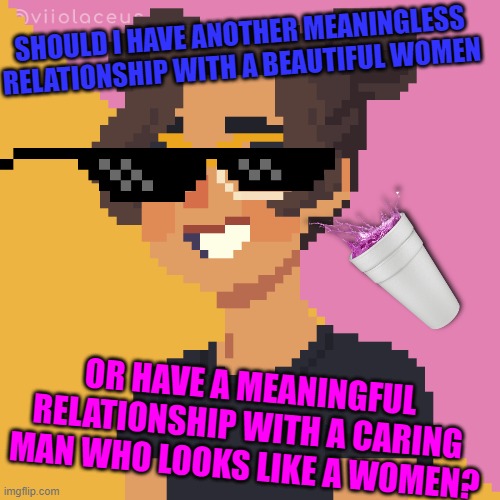 hai | SHOULD I HAVE ANOTHER MEANINGLESS RELATIONSHIP WITH A BEAUTIFUL WOMEN; OR HAVE A MEANINGFUL RELATIONSHIP WITH A CARING MAN WHO LOOKS LIKE A WOMEN? | image tagged in pixel me p | made w/ Imgflip meme maker