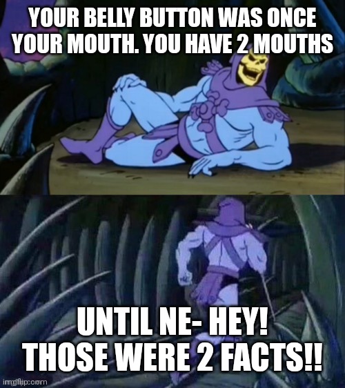 Skeletor disturbing facts | YOUR BELLY BUTTON WAS ONCE YOUR MOUTH. YOU HAVE 2 MOUTHS; UNTIL NE- HEY! THOSE WERE 2 FACTS!! | image tagged in skeletor disturbing facts | made w/ Imgflip meme maker