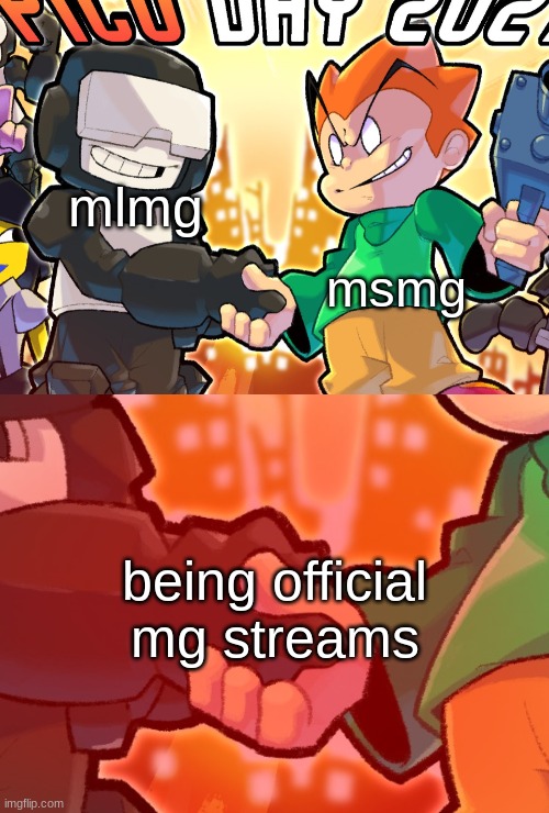 pico and tankman handshake | mlmg; msmg; being official mg streams | image tagged in pico and tankman handshake | made w/ Imgflip meme maker