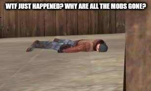 dead | WTF JUST HAPPENED? WHY ARE ALL THE MODS GONE? | image tagged in dead | made w/ Imgflip meme maker