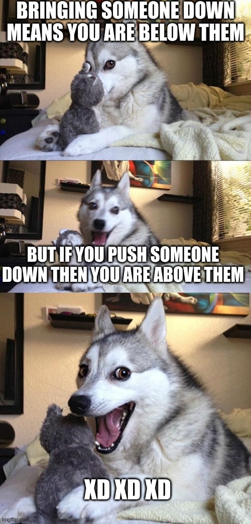 Can't deny it... | BRINGING SOMEONE DOWN MEANS YOU ARE BELOW THEM; BUT IF YOU PUSH SOMEONE DOWN THEN YOU ARE ABOVE THEM; XD XD XD | image tagged in bad joke dog | made w/ Imgflip meme maker
