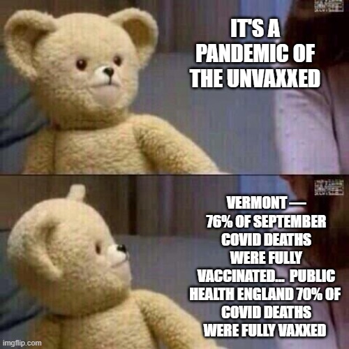 It's a pandemic of the Un vaccinated | IT'S A PANDEMIC OF THE UNVAXXED; VERMONT — 76% OF SEPTEMBER COVID DEATHS WERE FULLY VACCINATED…  PUBLIC HEALTH ENGLAND 70% OF 
COVID DEATHS WERE FULLY VAXXED | image tagged in snuggle bear | made w/ Imgflip meme maker