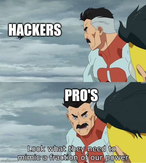 never hack agin | HACKERS; PRO'S | image tagged in look what they need to mimic a fraction of our power,memes,funny memes | made w/ Imgflip meme maker