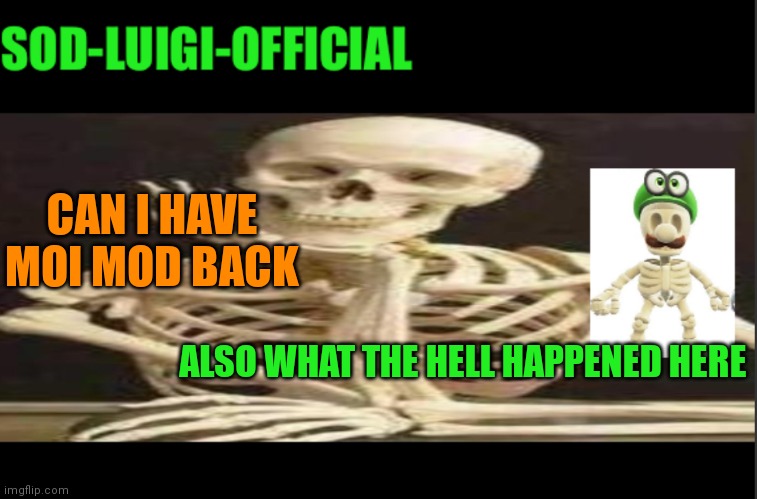 What the fu | CAN I HAVE MOI MOD BACK; ALSO WHAT THE HELL HAPPENED HERE | image tagged in luigis spooky temp | made w/ Imgflip meme maker