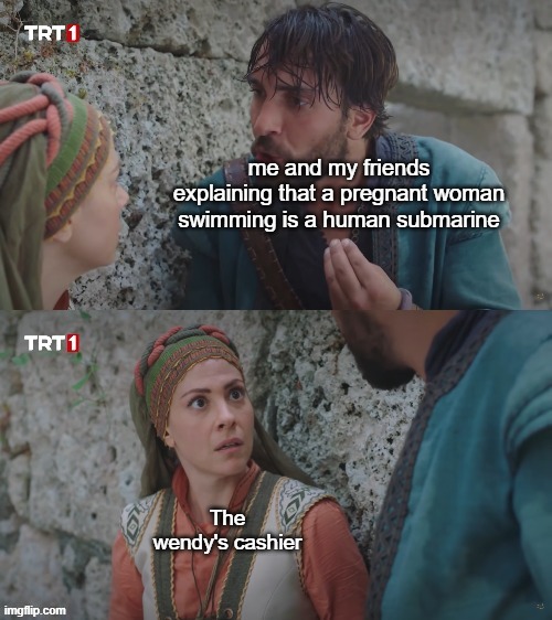 me and my friends explaining that a pregnant woman swimming is a human submarine; The wendy's cashier | image tagged in italian guy and a woman | made w/ Imgflip meme maker
