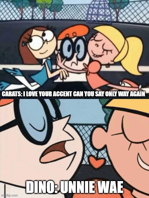 i love you accent meme | CARATS: I LOVE YOUR ACCENT CAN YOU SAY ONLY WAY AGAIN; DINO: UNNIE WAE | image tagged in i love your accent,seventeen,memes,funny memes,dino | made w/ Imgflip meme maker