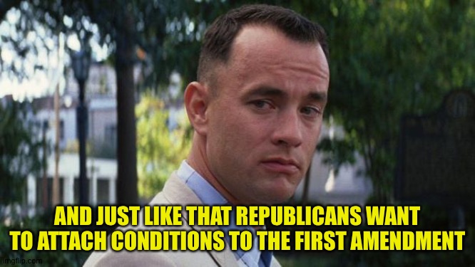 Forrest Gump | AND JUST LIKE THAT REPUBLICANS WANT TO ATTACH CONDITIONS TO THE FIRST AMENDMENT | image tagged in forrest gump | made w/ Imgflip meme maker