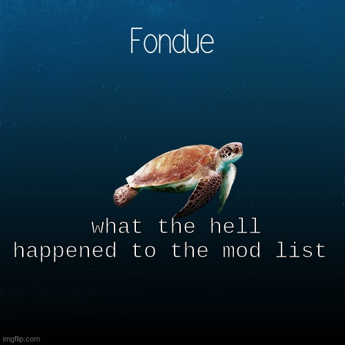 YOOO WHAT THE FUCK | what the hell happened to the mod list | image tagged in turtle template-fondue | made w/ Imgflip meme maker