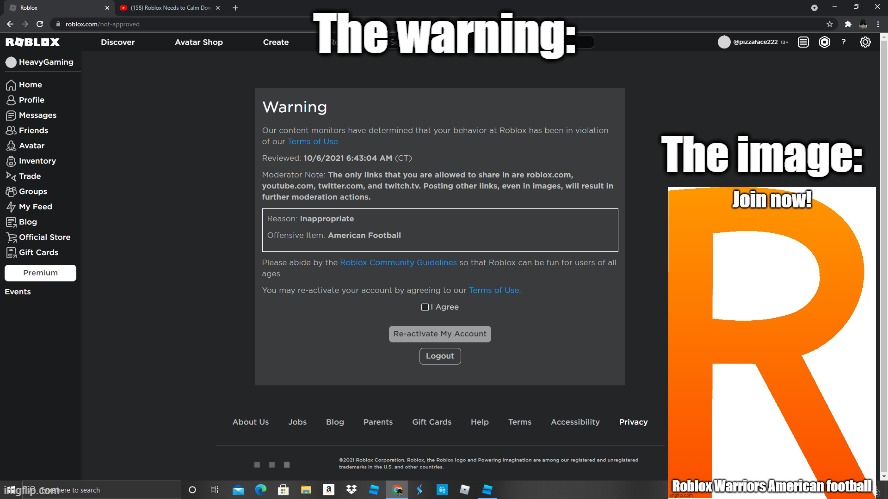 Roblox really did it this time... |  The warning:; The image: | image tagged in roblox,moderators,banned from roblox,bruh,bots | made w/ Imgflip meme maker