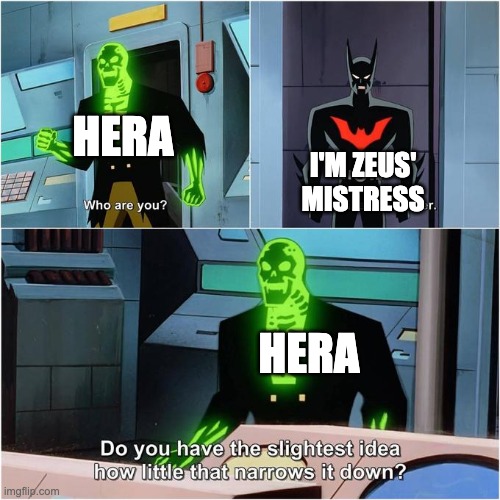 Saw this in a video so technically it's a repost | HERA; I'M ZEUS' MISTRESS; HERA | image tagged in do you have the slightest idea how little that narrows it down | made w/ Imgflip meme maker