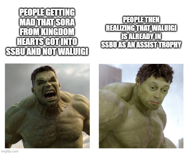 Hulk angry then realizes he's wrong | PEOPLE GETTING MAD THAT SORA FROM KINGDOM HEARTS GOT INTO SSBU AND NOT WALUIGI; PEOPLE THEN REALIZING THAT WALUIGI IS ALREADY IN SSBU AS AN ASSIST TROPHY | image tagged in hulk angry then realizes he's wrong,super smash bros | made w/ Imgflip meme maker