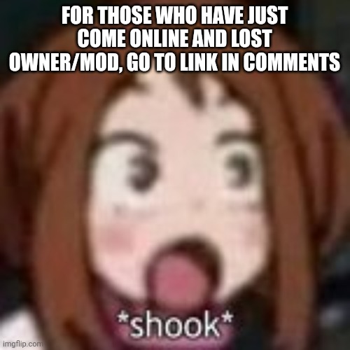 https://imgflip.com/i/5pgajr | FOR THOSE WHO HAVE JUST COME ONLINE AND LOST OWNER/MOD, GO TO LINK IN COMMENTS | image tagged in shook af | made w/ Imgflip meme maker