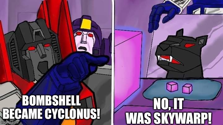 And the debate continues… | BOMBSHELL BECAME CYCLONUS! NO, IT WAS SKYWARP! | image tagged in transformer yells at cat | made w/ Imgflip meme maker