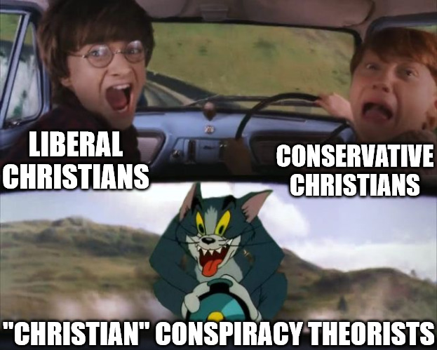 Behind you! | CONSERVATIVE CHRISTIANS; LIBERAL CHRISTIANS; "CHRISTIAN" CONSPIRACY THEORISTS | image tagged in tom chasing harry and ron weasly,church,r/dankchristianmemes | made w/ Imgflip meme maker