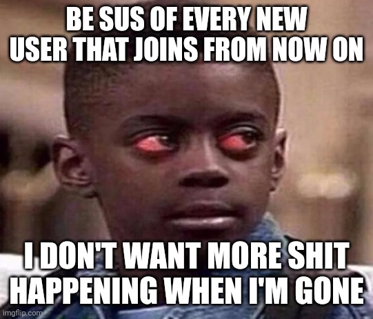 High | BE SUS OF EVERY NEW USER THAT JOINS FROM NOW ON; I DON'T WANT MORE SHIT HAPPENING WHEN I'M GONE | image tagged in high kid | made w/ Imgflip meme maker