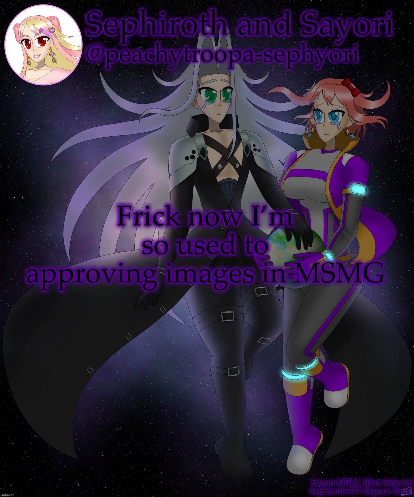 Sayori and Sephiroth | Frick now I’m so used to approving images in MSMG | image tagged in sayori and sephiroth | made w/ Imgflip meme maker