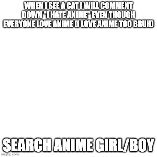 oh no, AntiOtakuInvasionUSussyBakas will never be my username (look at my username bruh :P) | WHEN I SEE A CAT I WILL COMMENT DOWN "I HATE ANIME" EVEN THOUGH EVERYONE LOVE ANIME (I LOVE ANIME TOO BRUH); SEARCH ANIME GIRL/BOY | image tagged in memes,blank transparent square | made w/ Imgflip meme maker