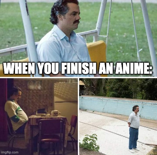 anime in a nutshell | WHEN YOU FINISH AN ANIME: | image tagged in memes,sad pablo escobar | made w/ Imgflip meme maker