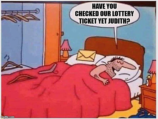 be sure to sign your lottery tickets | HAVE YOU CHECKED OUR LOTTERY TICKET YET JUDITH? | image tagged in lottery,ticket | made w/ Imgflip meme maker