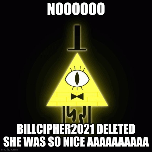 bill cipher says | NOOOOOO; BILLCIPHER2021 DELETED SHE WAS SO NICE AAAAAAAAAA | image tagged in bill cipher says | made w/ Imgflip meme maker