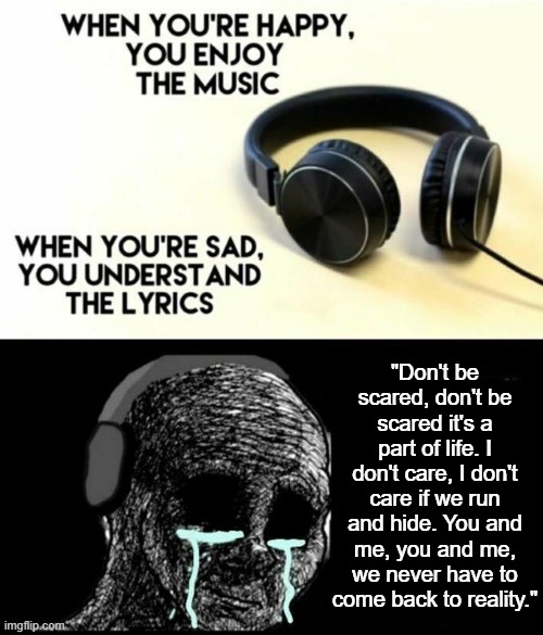 When your sad you understand the lyrics | "Don't be scared, don't be scared it's a part of life. I don't care, I don't care if we run and hide. You and me, you and me, we never have to come back to reality." | image tagged in when your sad you understand the lyrics | made w/ Imgflip meme maker