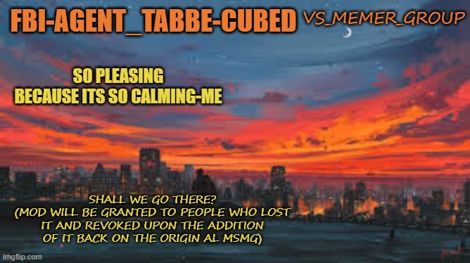 VS_Memer_Group not va memer group | VS_MEMER_GROUP; SHALL WE GO THERE?
(MOD WILL BE GRANTED TO PEOPLE WHO LOST IT AND REVOKED UPON THE ADDITION OF IT BACK ON THE ORIGIN AL MSMG) | image tagged in my sunset temp p | made w/ Imgflip meme maker