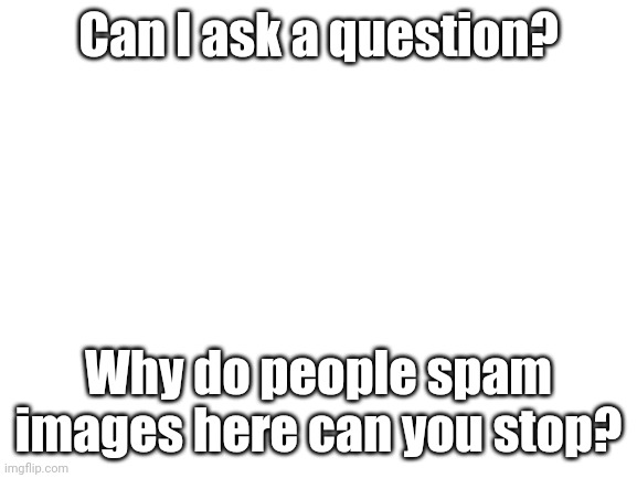 Stop spamming it makes moderating a pain | Can I ask a question? Why do people spam images here can you stop? | image tagged in blank white template | made w/ Imgflip meme maker