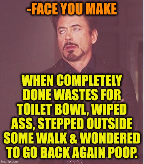 -It's a trouble. | -FACE YOU MAKE; WHEN COMPLETELY DONE WASTES FOR TOILET BOWL, WIPED ASS, STEPPED OUTSIDE SOME WALK & WONDERED TO GO BACK AGAIN POOP. | image tagged in memes,face you make robert downey jr,oh crap,here we go again,toilet humor,no more toilet paper | made w/ Imgflip meme maker