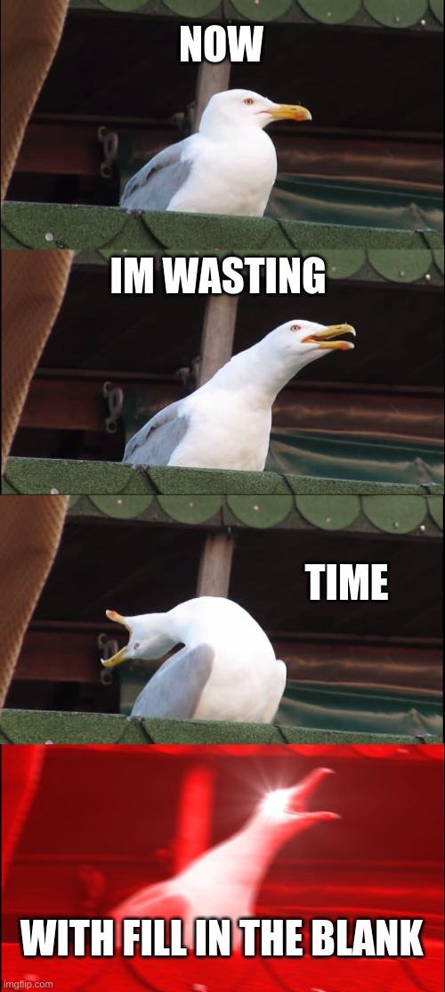 Inhaling Seagull | NOW; IM WASTING; TIME; WITH FILL IN THE BLANK | image tagged in memes,inhaling seagull | made w/ Imgflip meme maker