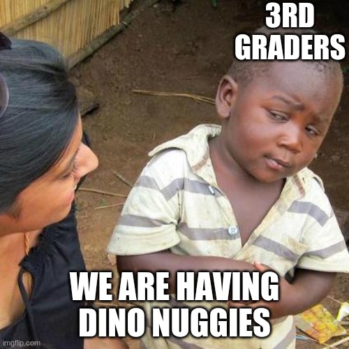 sheesh | 3RD GRADERS; WE ARE HAVING DINO NUGGIES | image tagged in memes,third world skeptical kid | made w/ Imgflip meme maker
