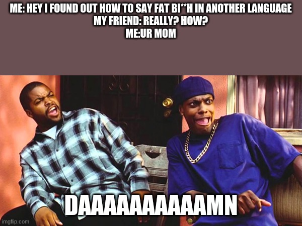 i actually did this to my friend LOOL | ME: HEY I FOUND OUT HOW TO SAY FAT BI**H IN ANOTHER LANGUAGE
MY FRIEND: REALLY? HOW?
ME:UR MOM; DAAAAAAAAAAMN | image tagged in friday daaaaaamn | made w/ Imgflip meme maker